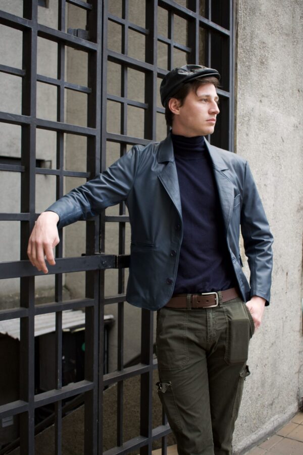 Chaqueta Azul en Cuero de Hombre